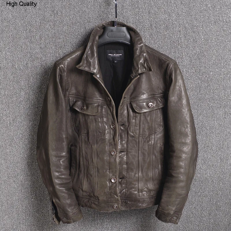 Мужская винтажная куртка из натуральной кожи японская приталенная джинсовая