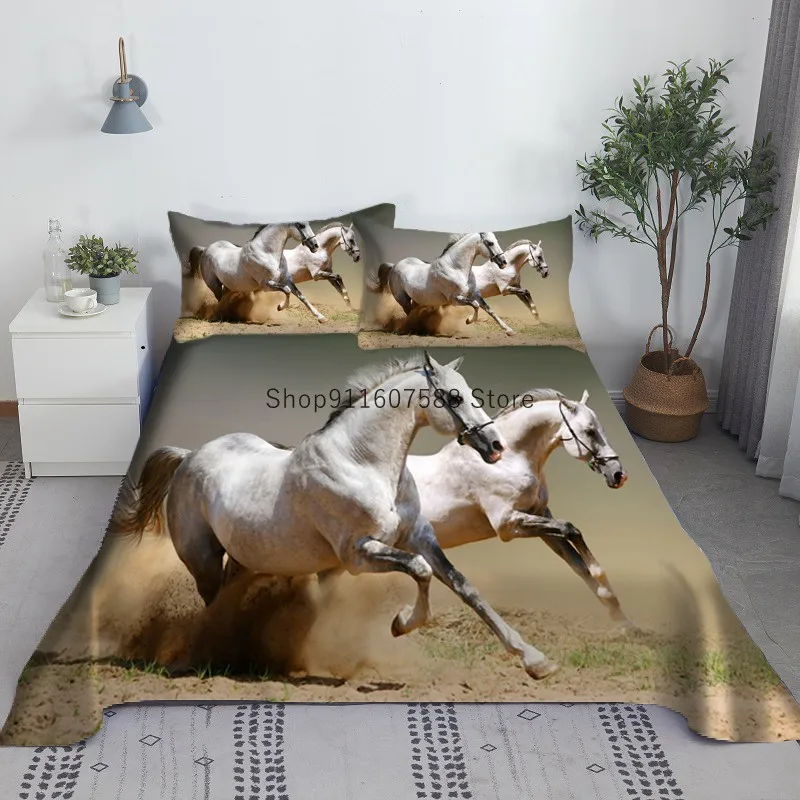 

White Horse Bed Sheet Set Digital Printed Animal Bed Flat Sheet With Pillowcase Bed Linen For Adults Kids King Queen Size