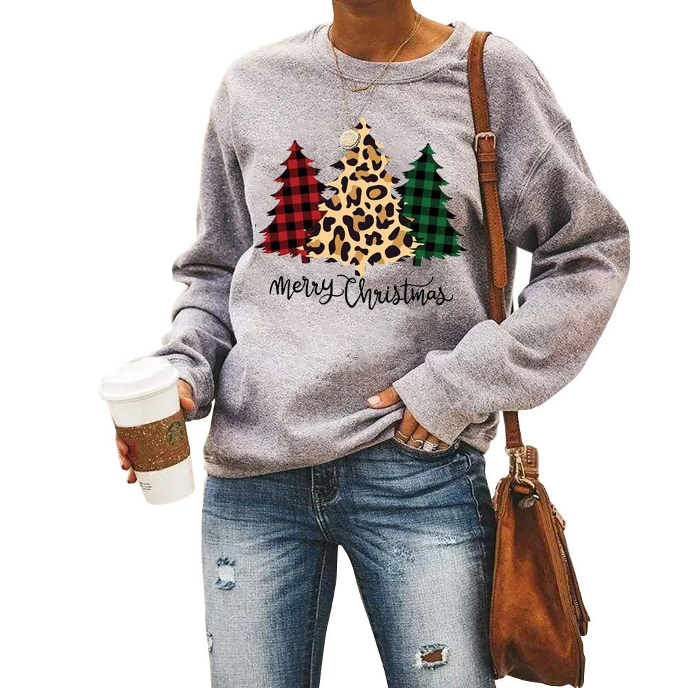 

2020 popular women's sweater Christmas tree pattern printed round neck drop shoulder long sleeve sweater