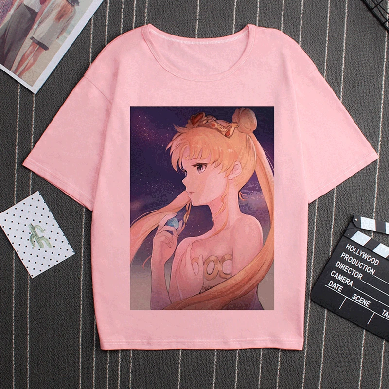 Sailor Moon 90s Funny Pink T Shirt Harajuku Clothes Tshirt Aesthetic Cat Anime Vogue T-shirt Kawaii Graphic Tees Ullzang Women