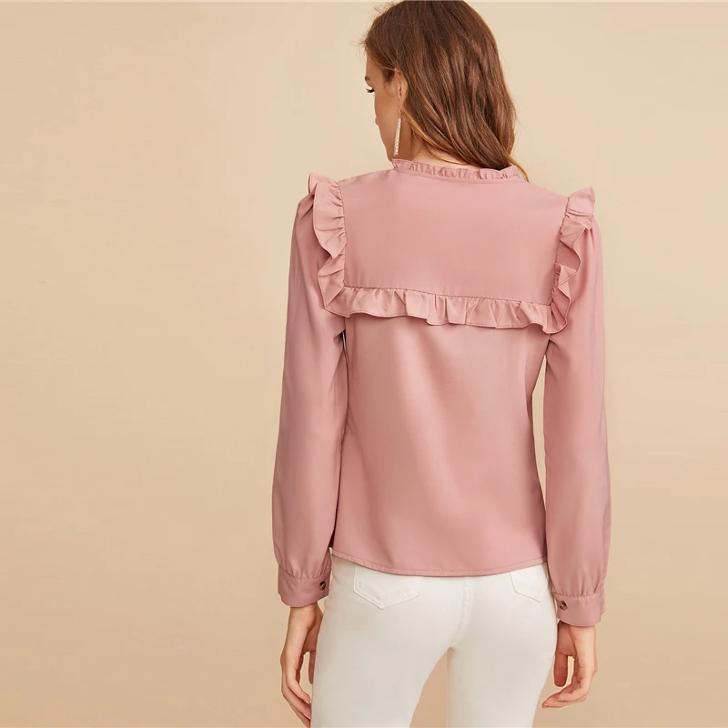SHEIN розовая вышитая лента панель с рюшами отделка пуговица спереди милая блузка рубашка женские топы осень длинный рукав элегантные блузки