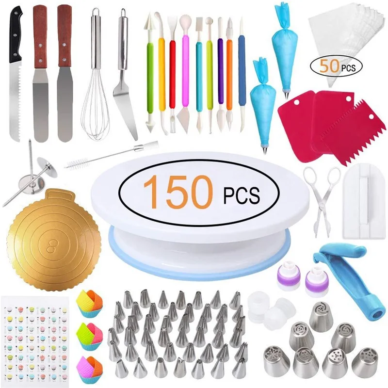 

150pcs Pastry Turntable Cake Decorating Kit Cream Nozzles Rotating Stand Supplies Tools Accessories for DIY Baking
