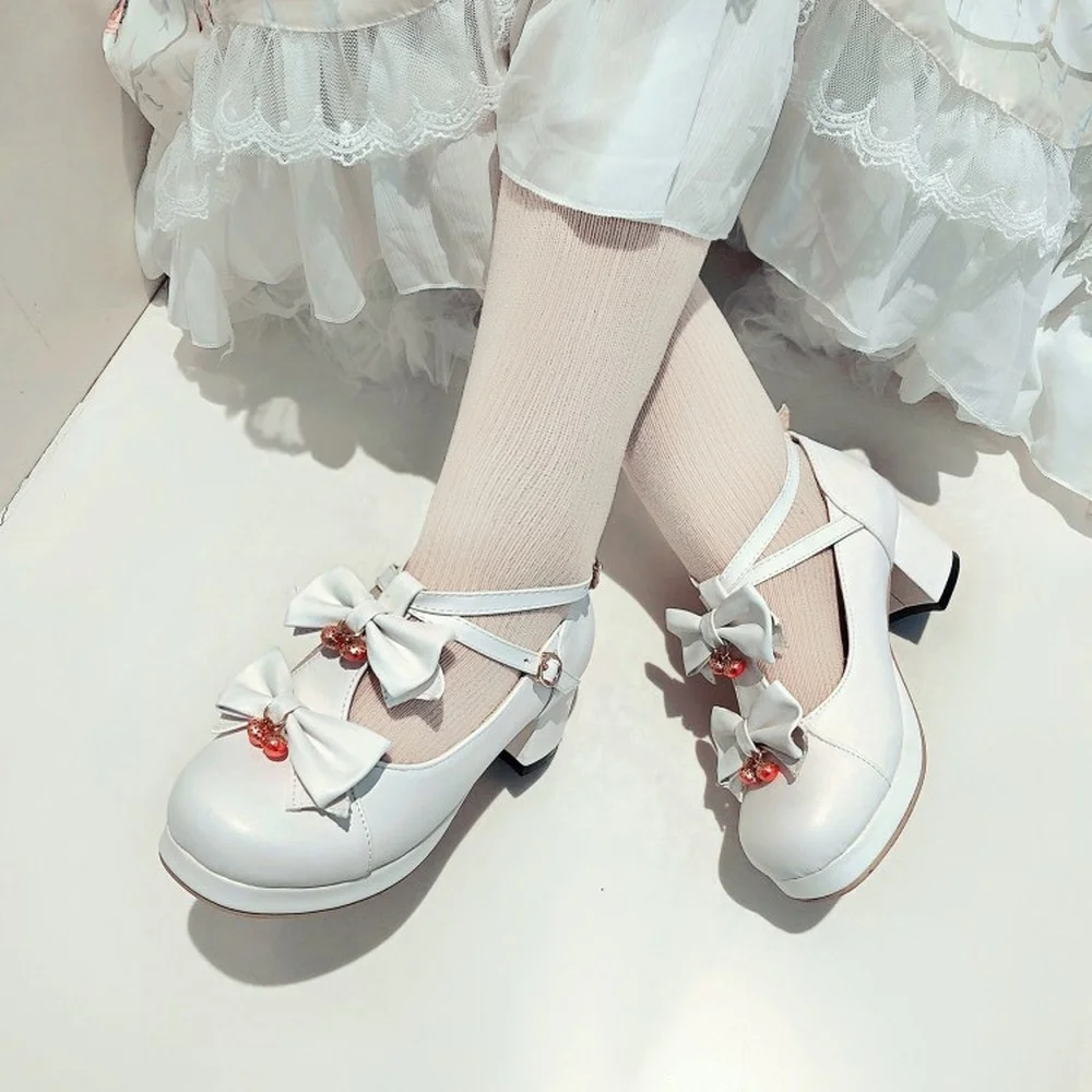 

Hot Sale Womens Lolita Mid Heel Round Toe Bowknot Kawaii Cosplay T-strap Shoes Plus Size 34-43 Belt Buckle Mary Janes Cute New