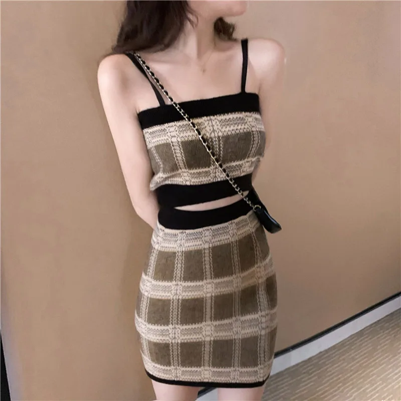 Women's Autumn Winter Plaid Cardigan Sweater Knit Suit New Korean Camisole A Word Skirt Three-piece Ins Tide ML168 |