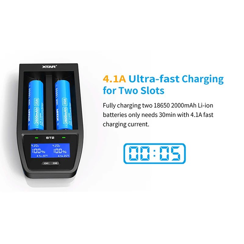 XTAR ST2 умное быстрое зарядное устройство USB 30 мин полностью заряженный порт type-C 3,6 В/3,7 в литий-ионный аккумулятор 26650 20700 21700 18650 зарядное устройство