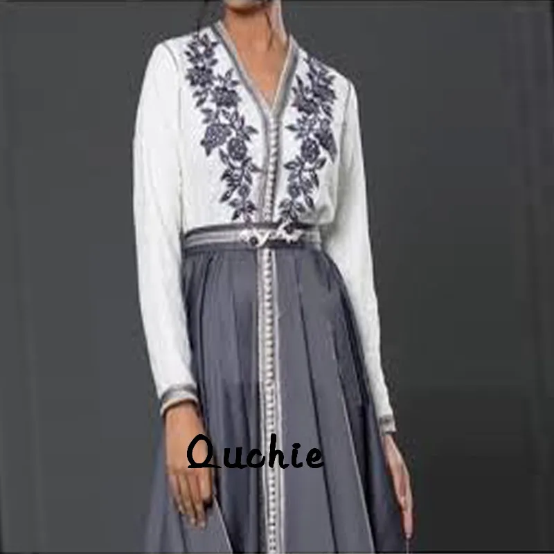 

Color Matching Gray Moroccan Kaftan Evening Dresses Applique Sashes Arabic Special Occasion Formal Party Gown Mother Suits