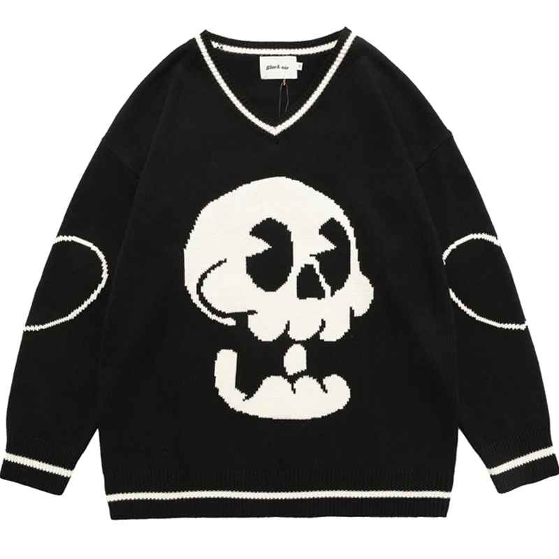 

Men Skeleton Jacquard V Neck Sweater Couple American Preppy Hip Hop Loose Knitted Pullover Male Black Casual Street Sweater Fall
