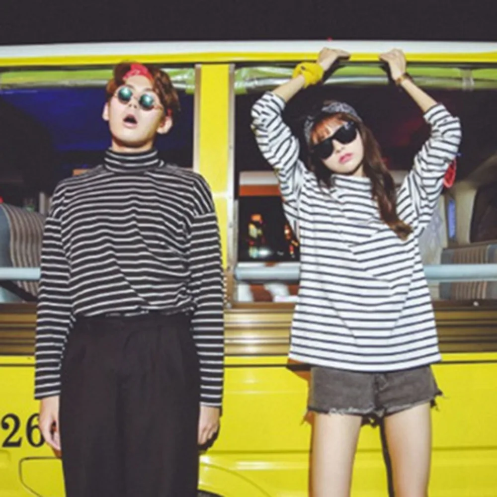 Женские футболки новинка весны корейская водолазка в полоску стиле Харадзюку