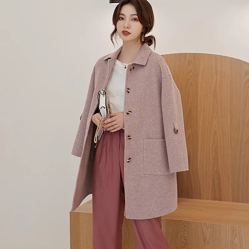 Pink Женское пальто, двухстороннее, чистый кашемир, длинный участок, зима, новинка, популярное, высокое качество, сплошной цвет, с отворотом, для девушек, шерстяное - Цвет: Pink