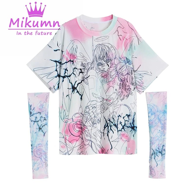 Женская футболка с мультяшным принтом и перчатками круглым вырезом коротким