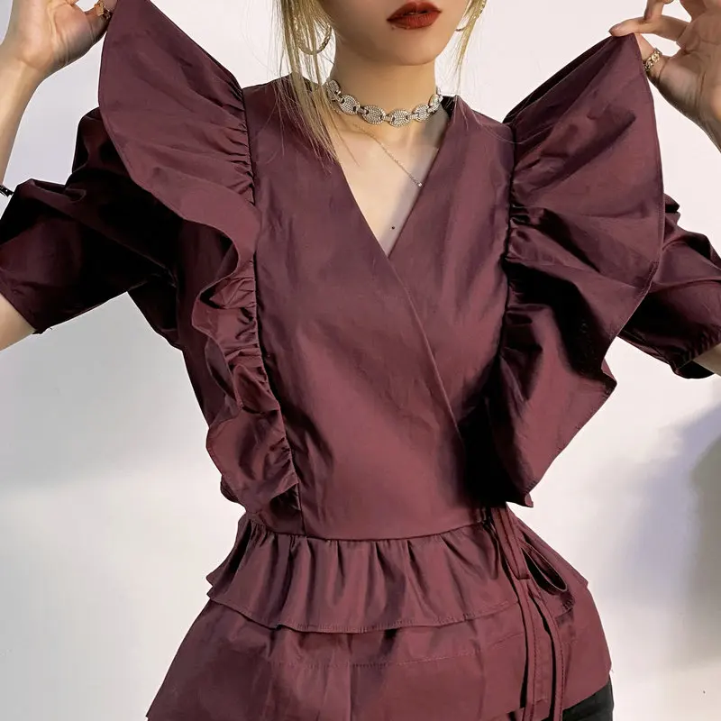 

Stylish Women Summer Chic Falbala Design Wrap Blouse Dark Wine Red V-Neck Puff Short Sleeve Peplum Top French Style Clothes S M