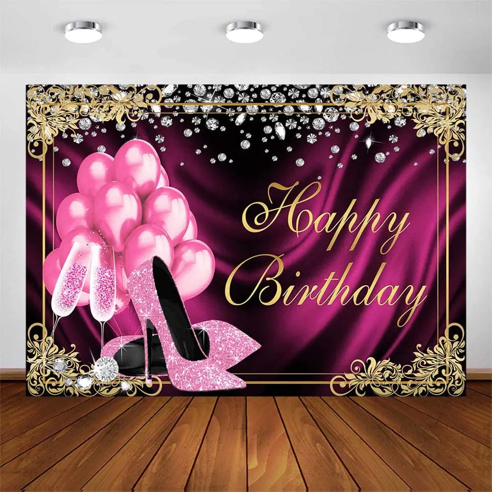 Pink Gold Birthday Party Backdrop for Women Girls 7x5ft Sweet Pink Balloons High Heels Champagne Diamond Adult Women Birthday