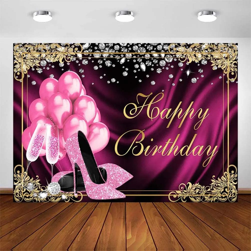 

Pink Gold Birthday Party Backdrop for Women Girls 7x5ft Sweet Pink Balloons High Heels Champagne Diamond Adult Women Birthday