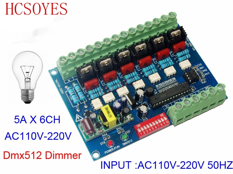 

6 channels 110V - 220V AC High voltage 50HZ Dimmer 6CH DMX512 5A/CH LED Decoder DMX led dimmer board For led Stage light lamp