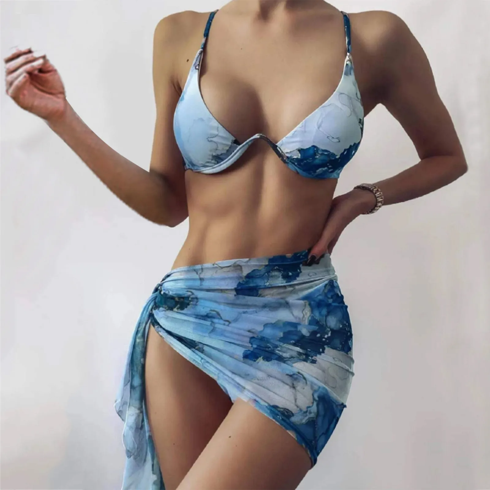 

Women Color Marble-Print Halter Bikini Swimsuit With Cover Up Split Push Up Three-piece Bikinis Swimsuit Beachwear Swimwear