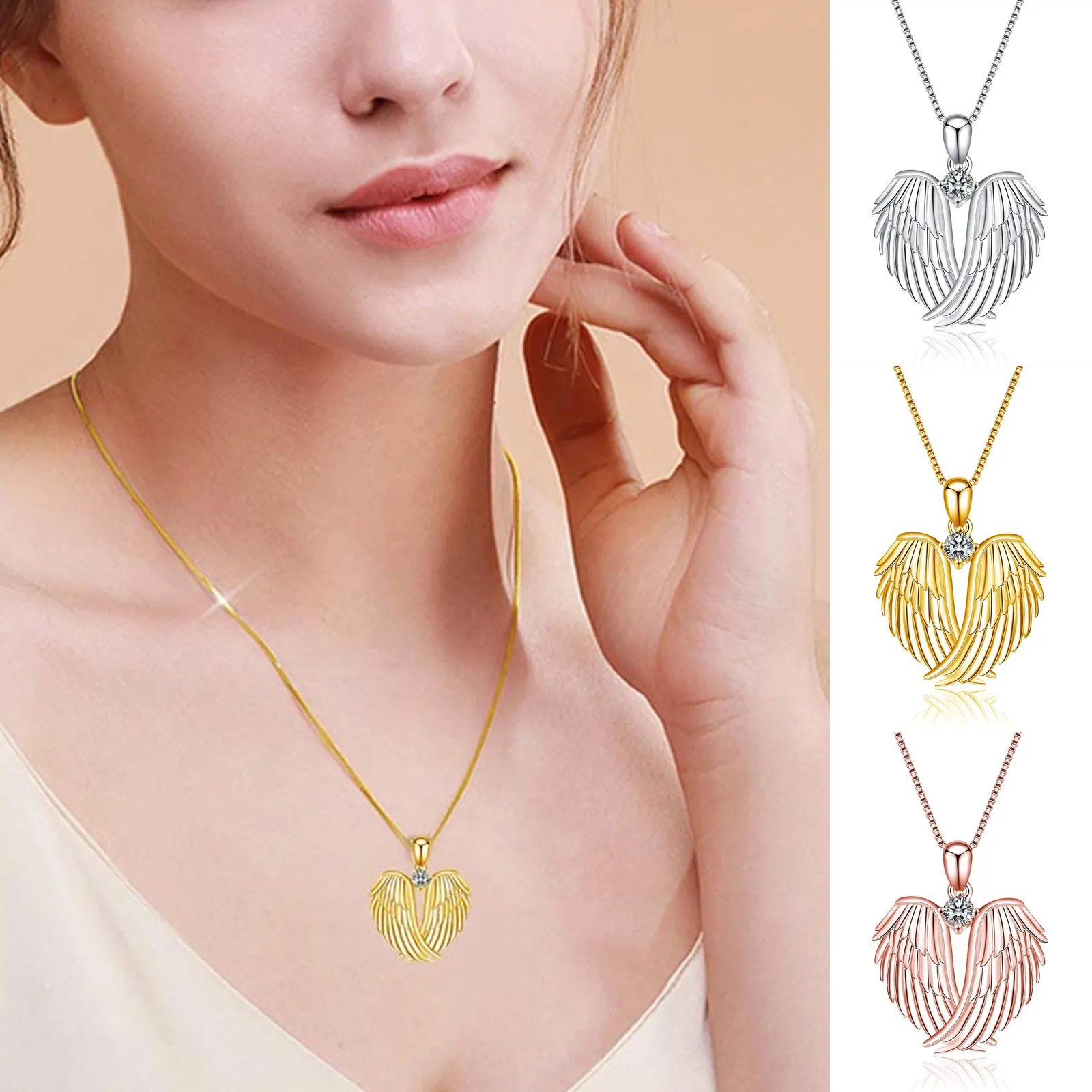 

Women Heart Necklace Simple Design Hollow angel Pattern Pendant Birthstone Necklace Women's Jewelry Gifts Female Summer Jewel#50