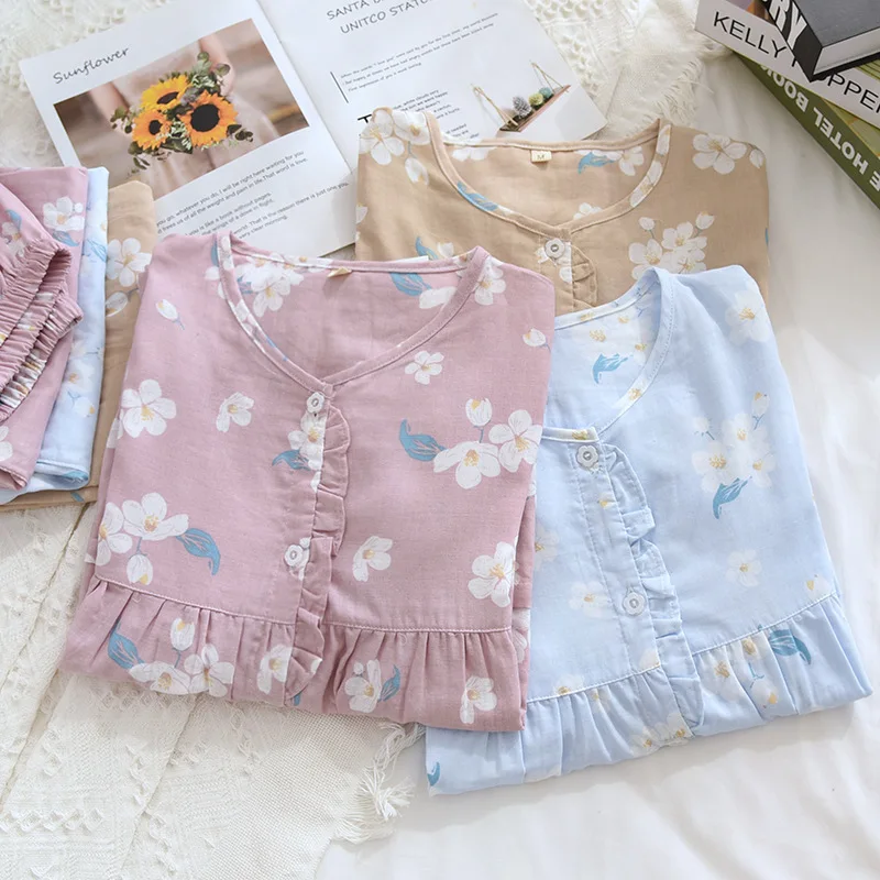 

Collarless Woven Cotton Women's Simple and Natural Pajamas Suit Thin Cotton Large Size Loose Long-sleeved Trousers Home Service