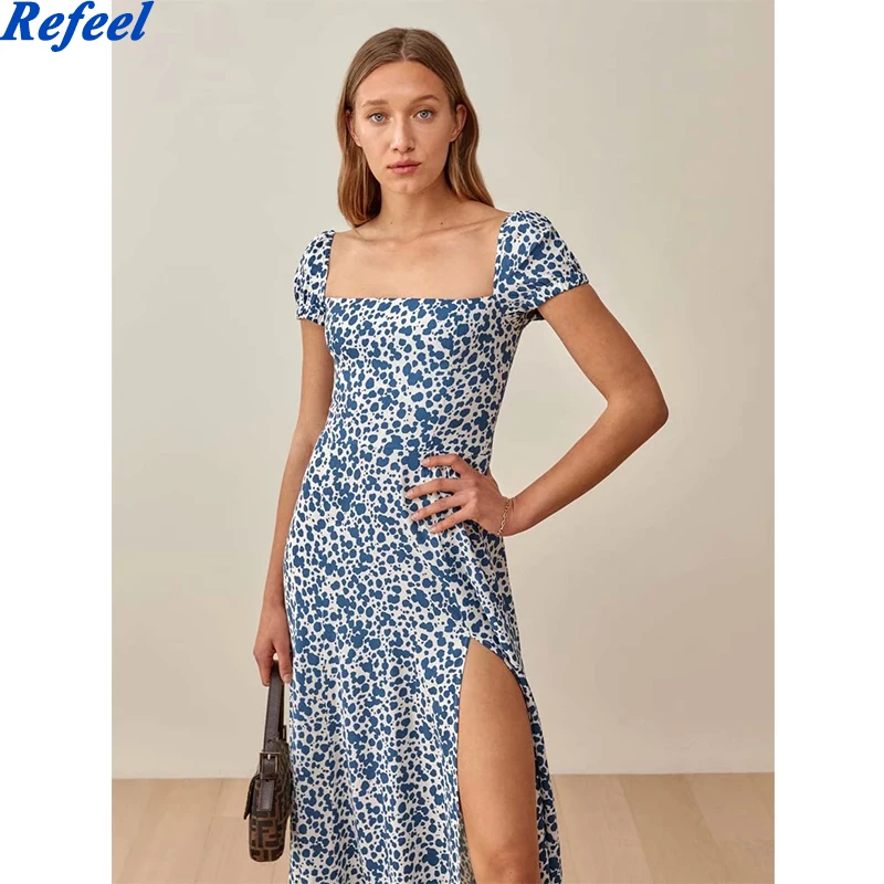 

Женское шифоновое платье с высокой талией, голубое длинное винтажное платье с принтом и квадратным вырезом, в стиле ретро, во французском ст...