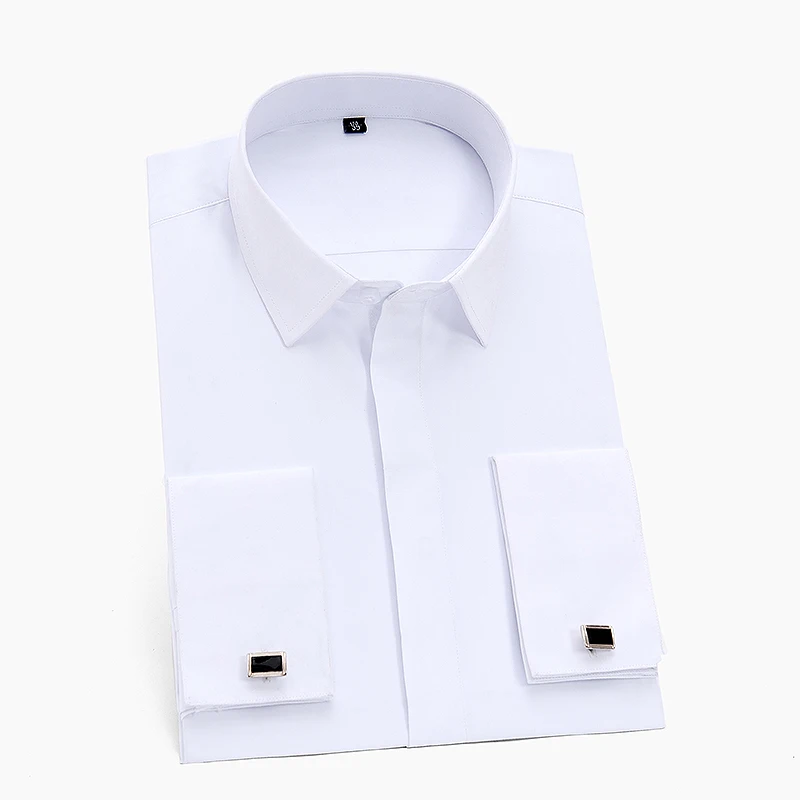 

Men's Classic French Cuff Dress Shirt Covered Placket Long Sleeve Tuxedo Male Shirts with Cufflinks No Pocket Office Work White