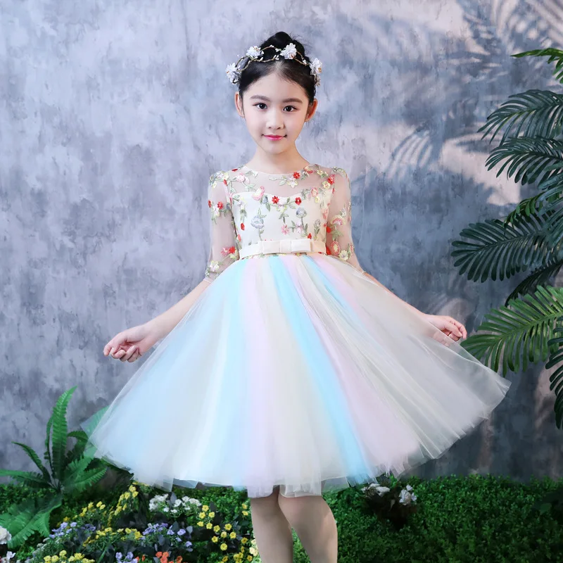 

Sweet 2020 New Spring Half Sleeves Embroidery Children Girls Flowers Princess Short Dress Kids Baby Birthday Party Pageant Dress
