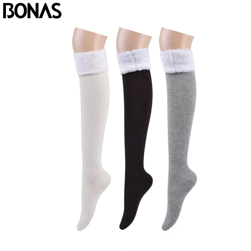White Coffee Grey BONAS, 3 шт., гольфы, теплые чулки, Женские однотонные гольфы, женские хлопковые чулки для девочек, пушистые зимние носки, 53 см - Цвет: White Coffee Grey