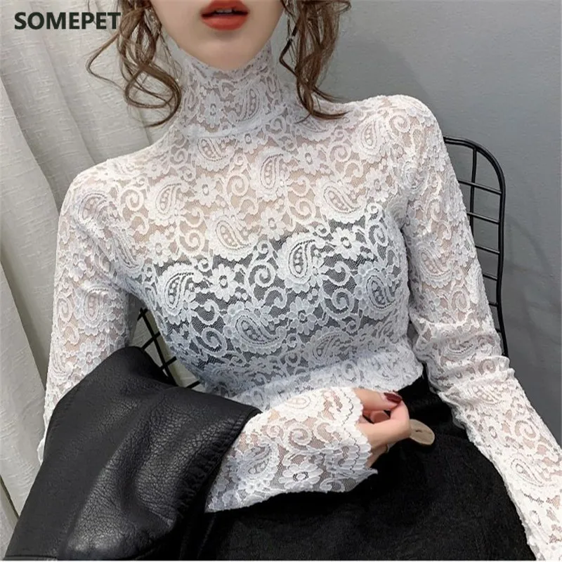 

Autumn Women Hollow Out Lace Shirts Tees Female Spring Turtleneck Full Sleeve Elastic Elegant Transparent Blouses Tops