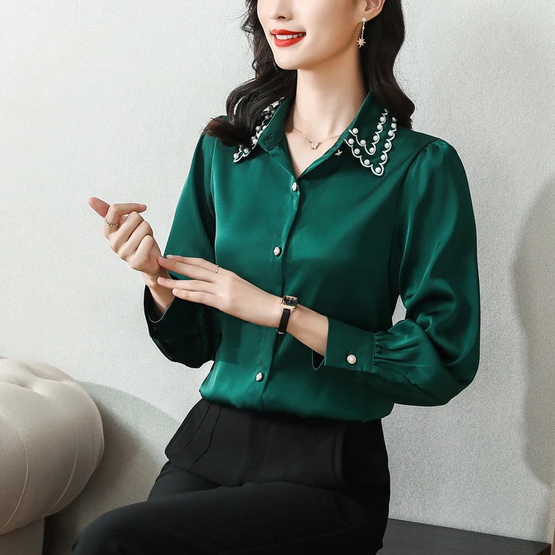 

Summer Satin Women's Blouse Polo Shirt Clothing Casual Fashion Solid Lady Long Sleeve Top Houthion
