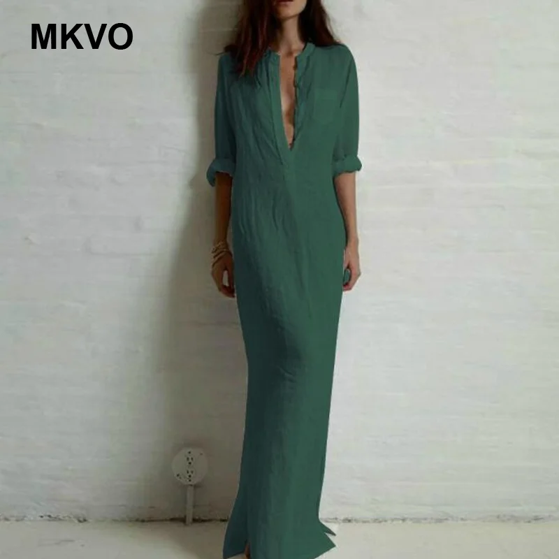 

women dress deep V cotton and linen dress Plus Size Vestidos spring and autumn sexy lady Split Solid Long Maxi Dresses femme