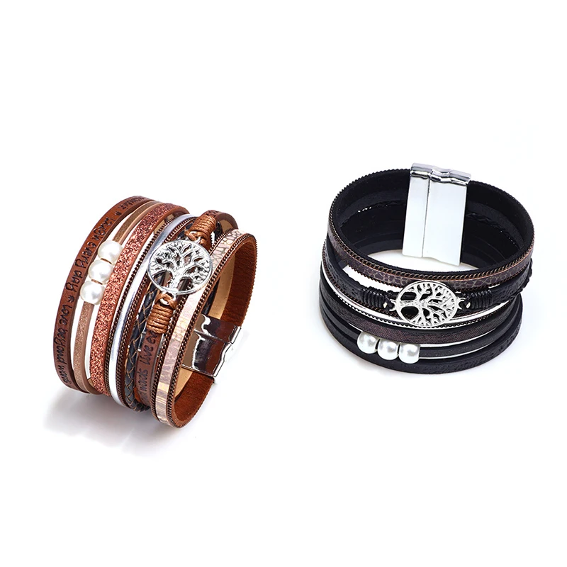 

Hot Sale New Fashion Mult-Lay Chain Women Fashion Hollow Life Tree Imprinted Alphabet Pearl Bracelet For Gift Whosale Supplier