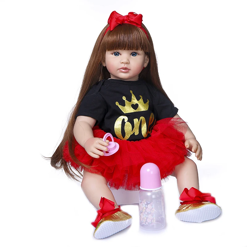 

60CM reborn toddler girl princess in red dress very lovely bebe reborn menina bonecas with long hair for children gift