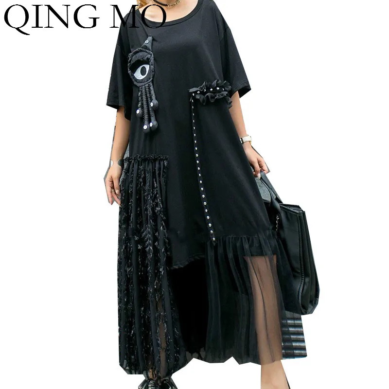 

QING MO Black Irregular Women Slim Dress With Doll Women Mesh Patchwork Dress Female Streetwear Loose Dress 2021 Summer ZQY4258
