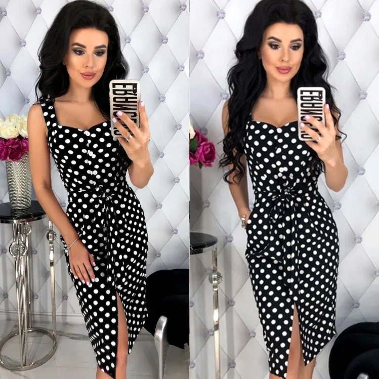 2019 сексуальное черное платье в горошек с бретельками на шее открытыми плечами