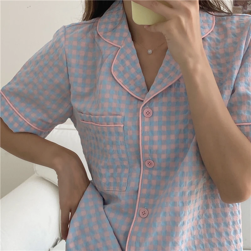 

Women Pajamas 2020 New Classic Plaid Pijama Mujer Two-piece Suit Summer Trousers Suits Minimalist Loose Sleepwear