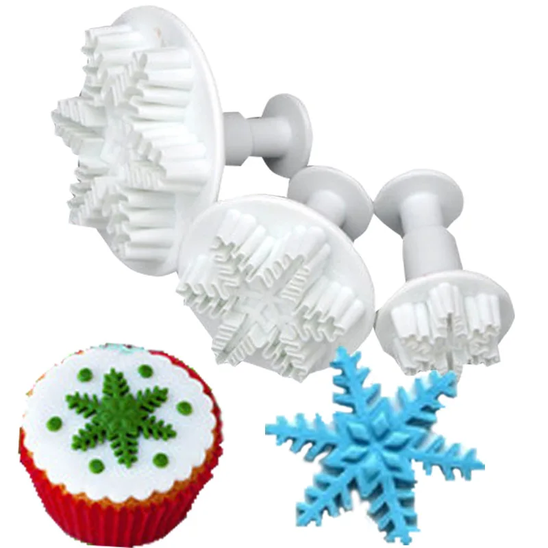 

3Pcs Snowflake Snow Shape Cake Plunger Mould Chocolate Cookie Candy Plunger Mold Cookie Cutters Cupcake Mould Decorating Tool