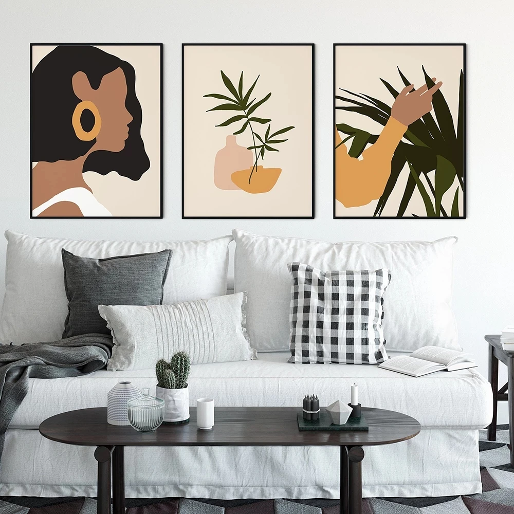 

Fashion Black Women Canvas Painting Wall Art Abstract Figure Leaves Picture Posters Print for Living Room Corridor Decoration