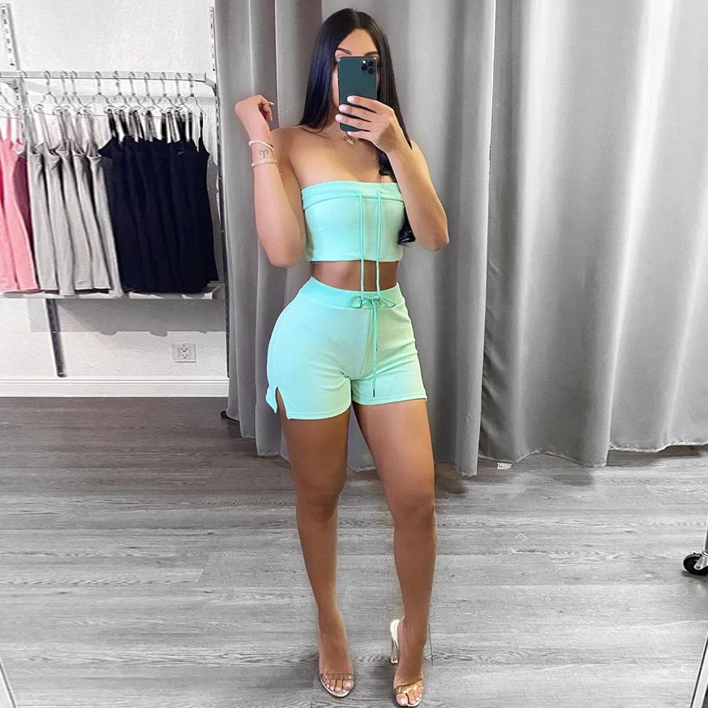 

Sexy Drawstring Bandage Two Piece Short Sets Off Shoulder Strapless Crop Top+high Waist Side Split Biker Short Loungewear Suit