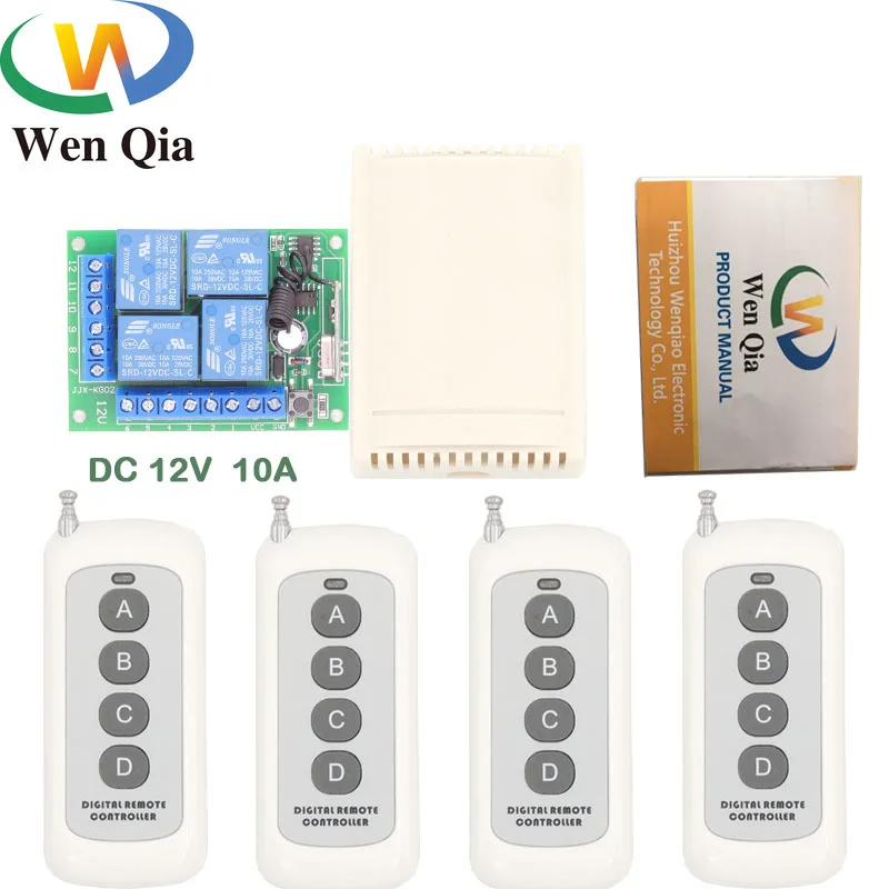 

433MHz Universal Remote Control DC 12V 10Amp 4CH rf Relay Receiver and Transmitter for Electric curtain and garage door Control