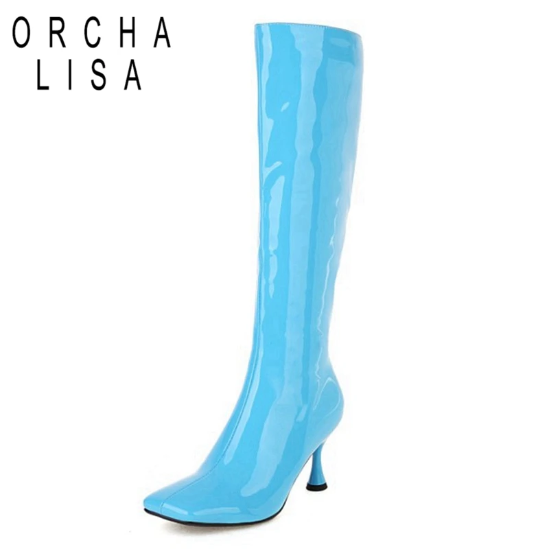 

ORCHALISA Women Luxury Modern Knee High Boots Patent Leather Zipper Pointed Toe Stileeto Heel Ladies Party Plus Size 33-46 S2462
