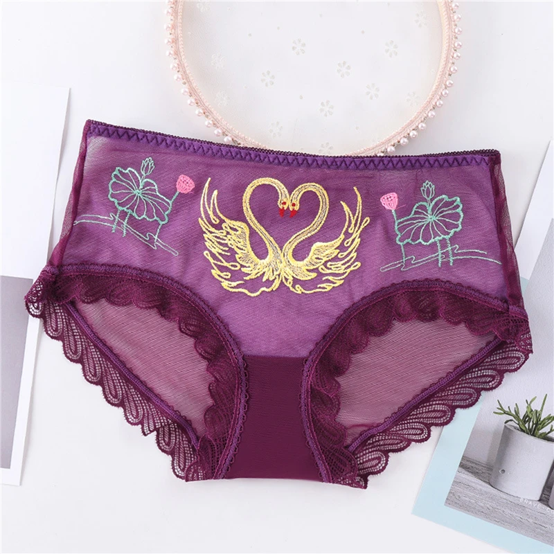 

New Embroidered Panties Sexy Lace Stitching Panties Women'S Mid-Waist Seamless Fashion Women'S Mesh Briefs For Female
