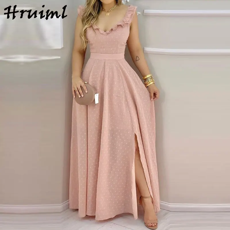 

Hot Sale Summer Dress Sleeveless Print A Line Hem Split Big Swin Dresses for Women Party Clubwear Elegant Chic Long Dress Women