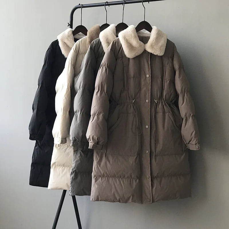 2021 Winter Fur Collar Long Warm Cotton Jacket Cotton Padded Parka Patchwork Coats Turn Down Collar Solid Oversized Down Parkas