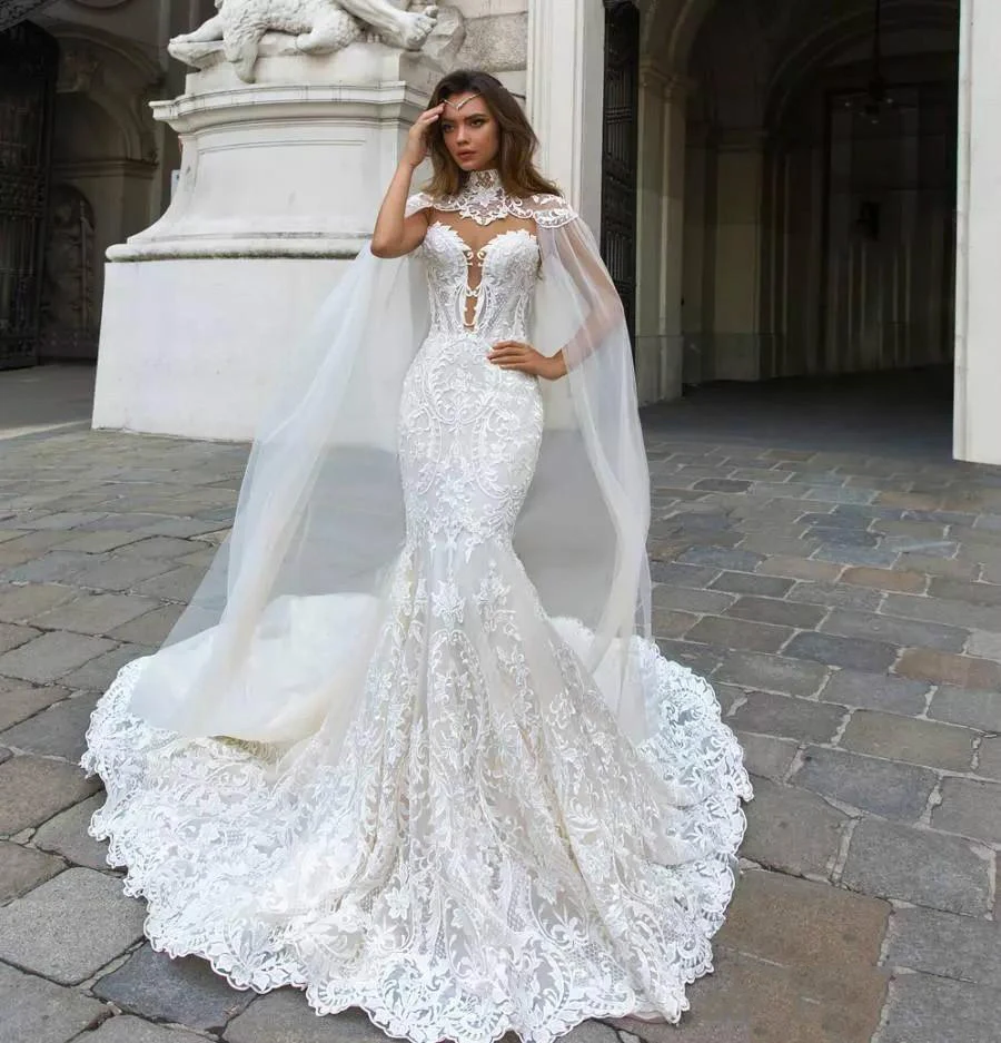 Hot Gorgeous Mermaid Lace Wedding Dresses With Cape Sheer Bohemian Gown Appliqued Plus Size Bridal Vestido De Noiva | Свадьбы и