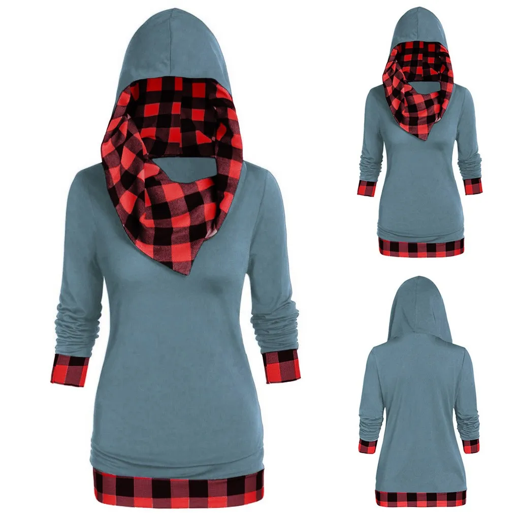 

new design Autumn Winter Warm Women Plus Size Plaid Print Hooded Sweatshirt Casual Convertible Collar Sweatshirt
