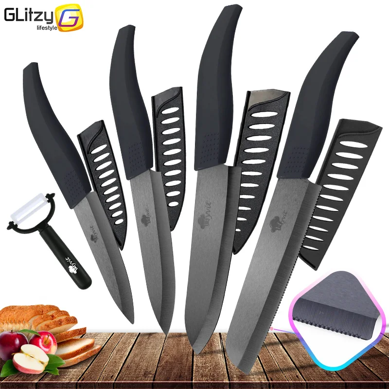 

Kitchen Ceramic Knife 3 4 5 6 inch Chef Knives Serrated Bread Set Peeler 3-4Pcs Zirconia Black Blade Fruit Vegetable slicer Tool