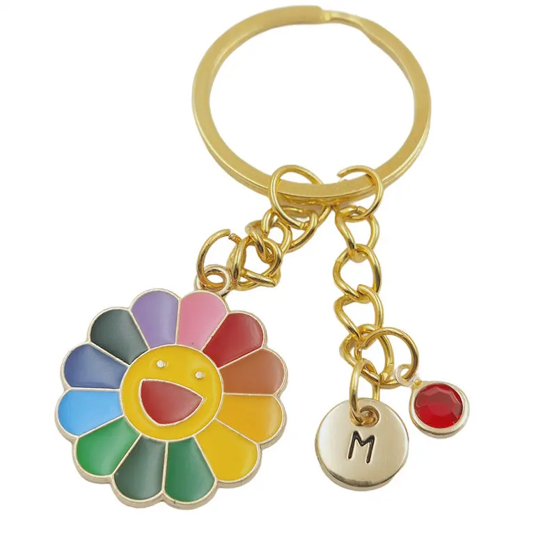 

Rainbow Sunflower Smile Initial Letter Birthstone Keychains Keyring Gold Fashion Jewelry Women Gifts Christmas Pendants