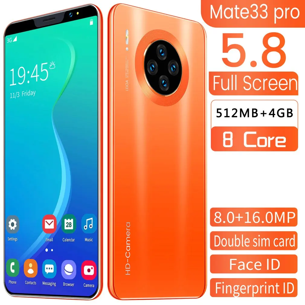 

Mate33 Pro Smartphone with 512M+4GGB Large Memory 5.8 Inch Screen Support Face/Fingerprint Unlock Dual SIM Mobile Phones