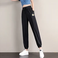 women soft comfort ice silk black pants harajuku summer fashion high waist sweatpants loose casual womens black sports trousers