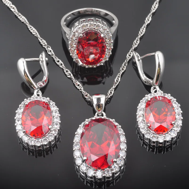 

Classic Oval Red Stone Zirconia Women's Silver Color Wedding Jewelry Sets Earrings Pendant Necklace Rings QZ038