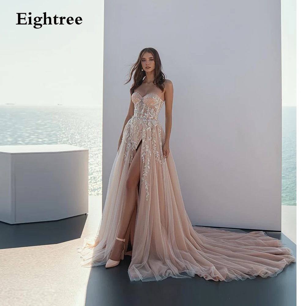 

Champage Sleeveless Long Lace Flower Wedding Dresses Appliques High Slit Boho Bride Gowns Beach A-Line Customized Marriage Dress