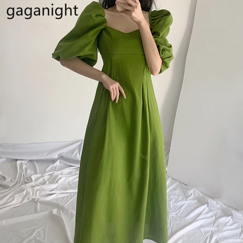 Gaganight элегантное женское зеленое платье макси с квадратным воротником коротким